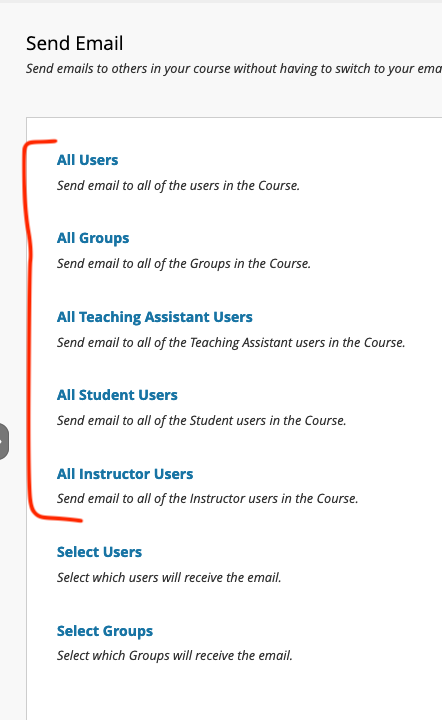 Send email selection options for all users or groups