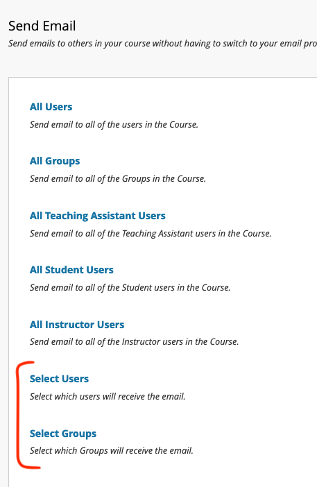 Send email selection options for select users or groups