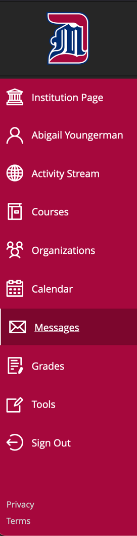 Messages menu selection from Blackboard Menu (all courses)
