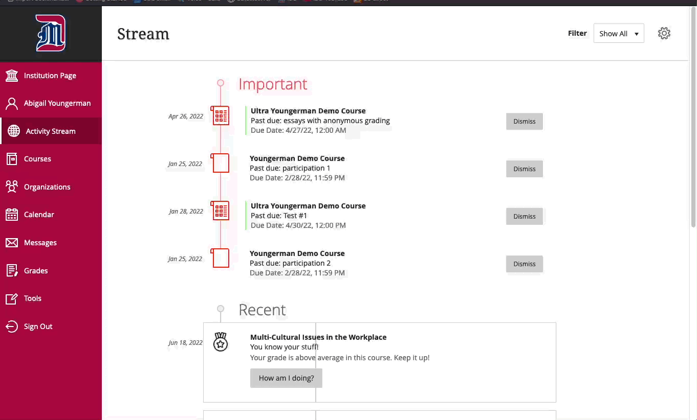 View course messages link selection from Activity Stream