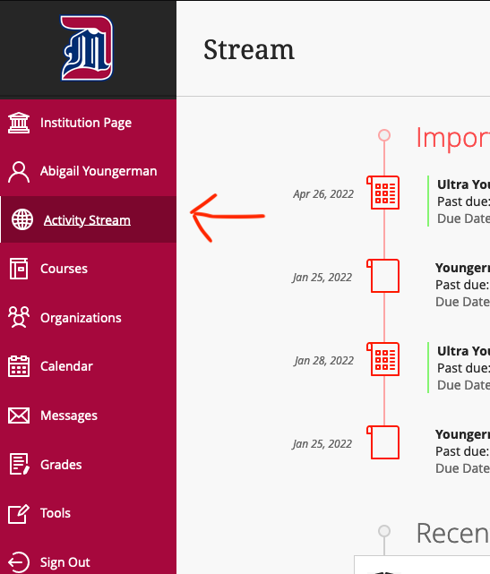 Activity Stream button on Blackboard Menu