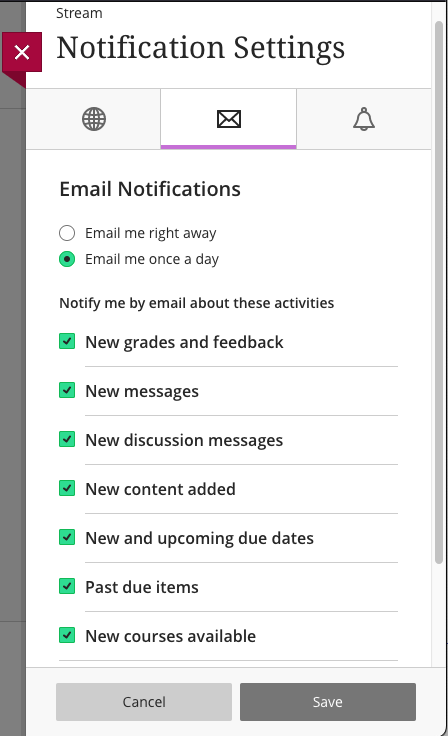 Email notification selection options