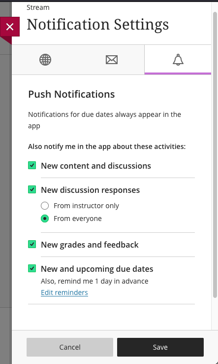 push notification selection options