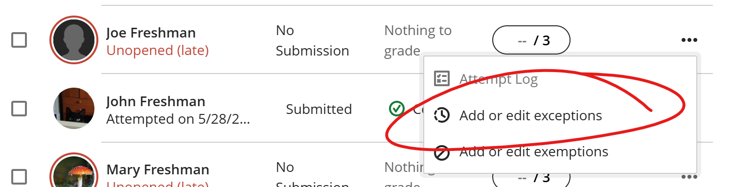 More menu for a student, Add or Edit Exceptions circled