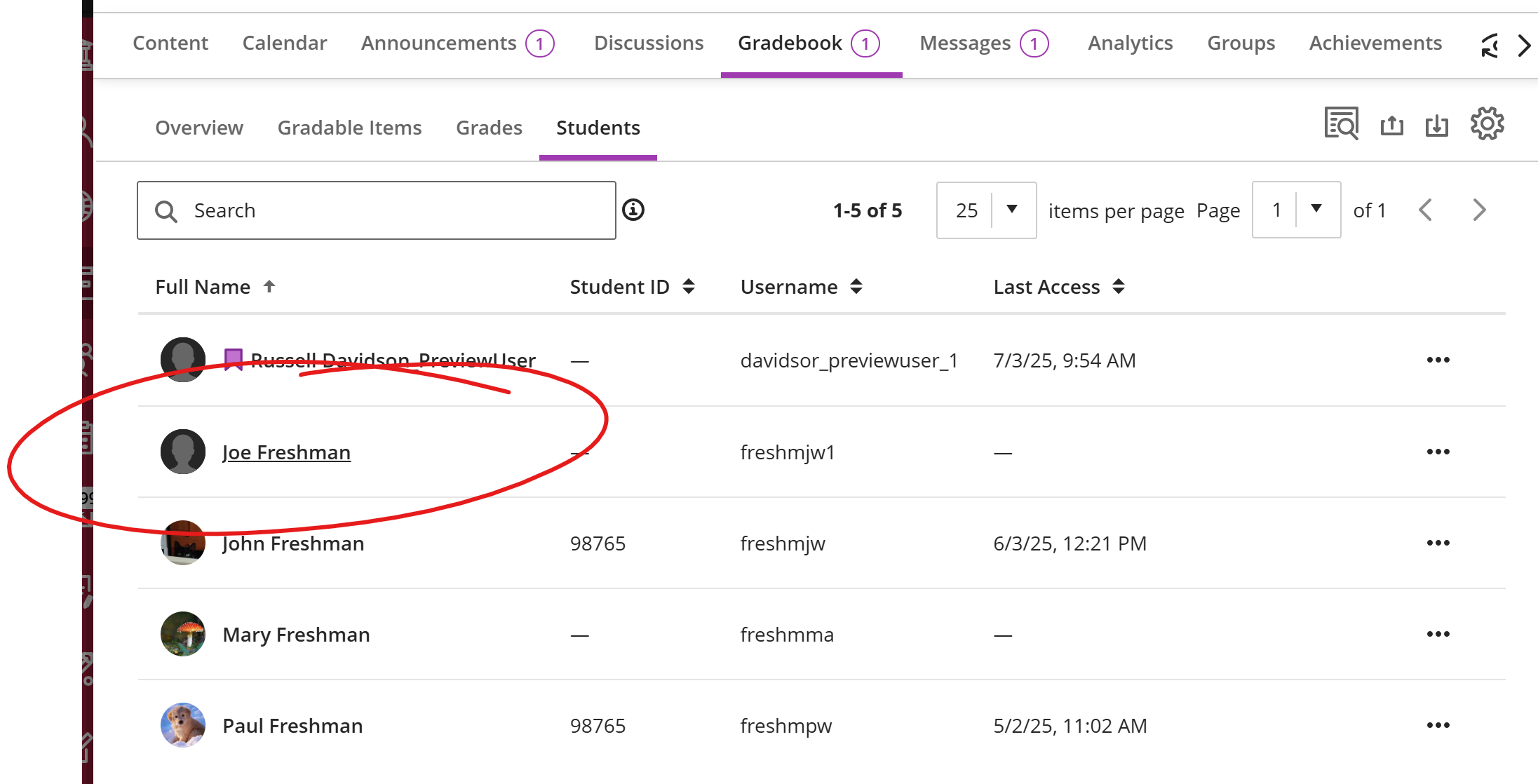 Gradebook students list, name circled