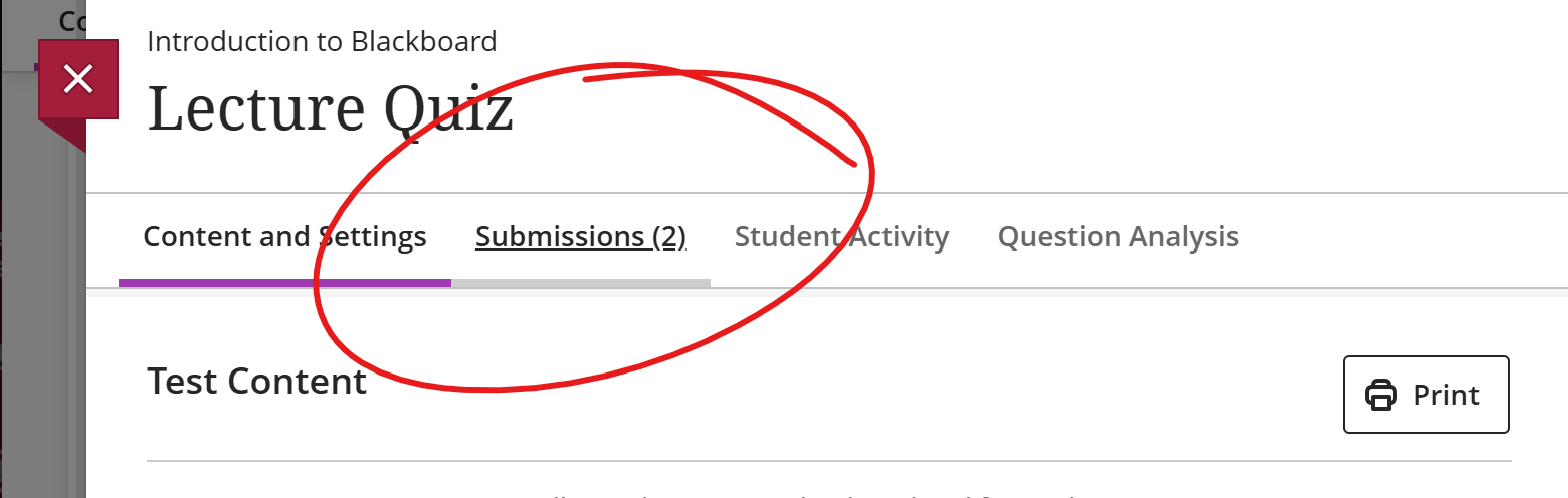 Top of assessment, Submissions tab circled