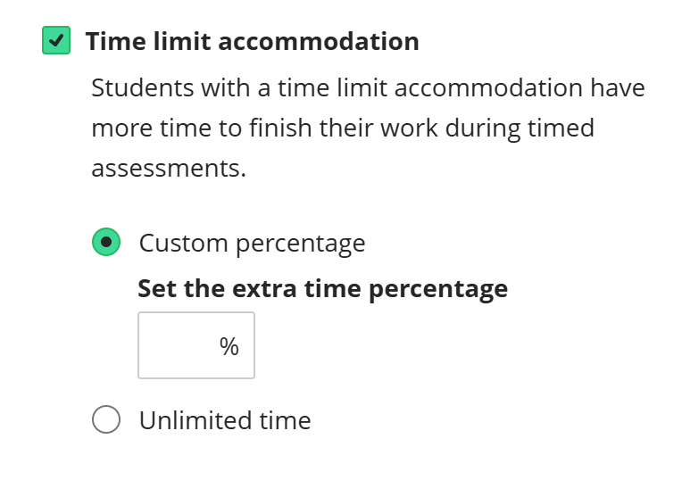 Detail shot of time limit accommodation text with percentage box and override box visible