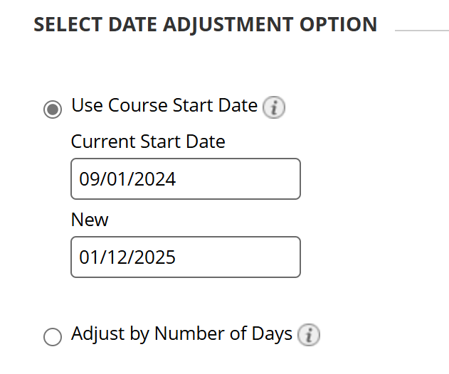 date management page with use course start date displayed