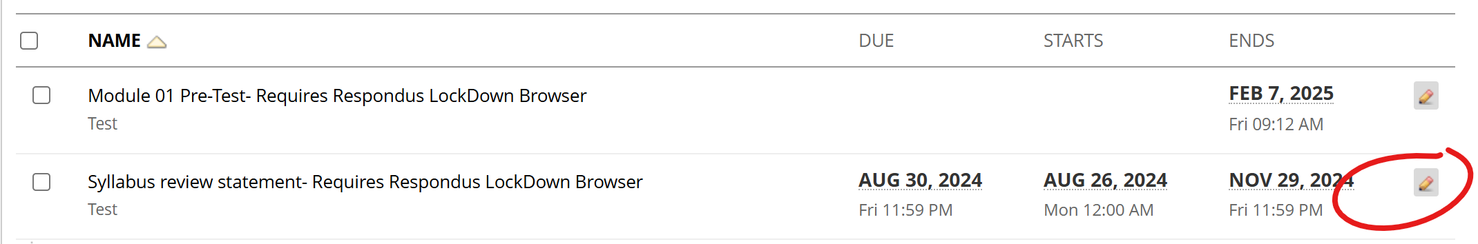 Date management listing showing two items with due starts and ends dates, edit button circled