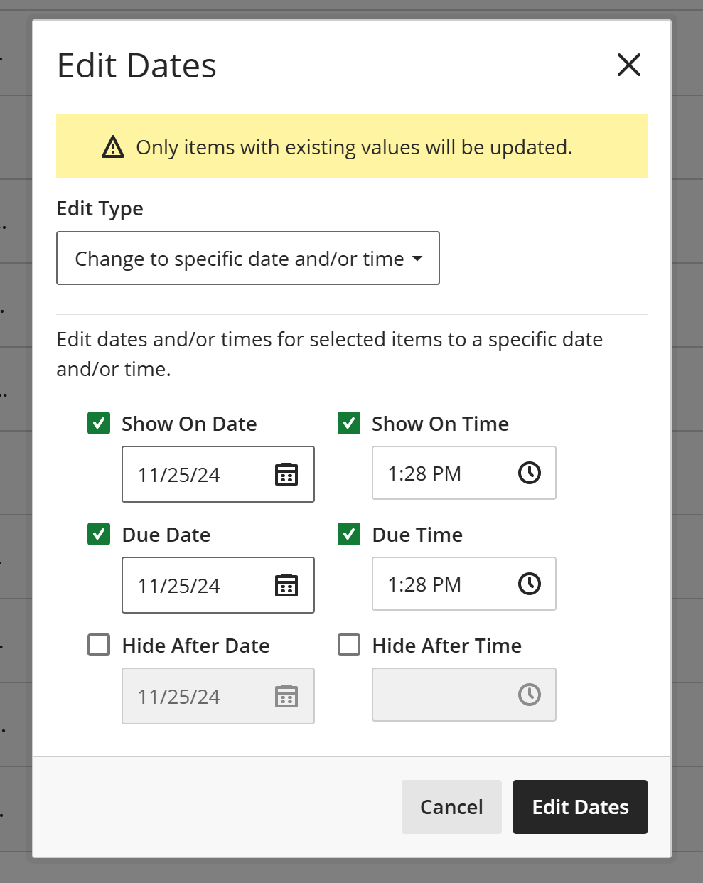 edit dates box, change to specific dates options selected