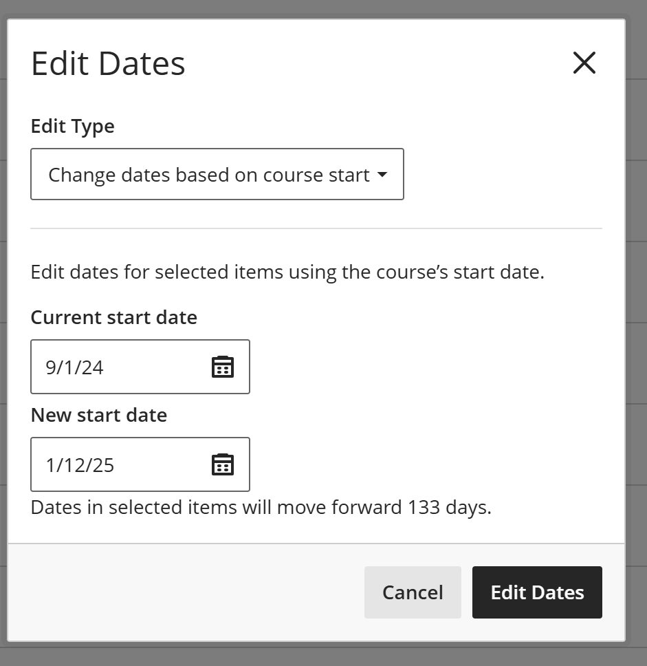 Edit dates based on course start box