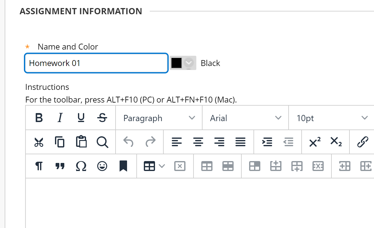 Assignment name and instructions field excerpt