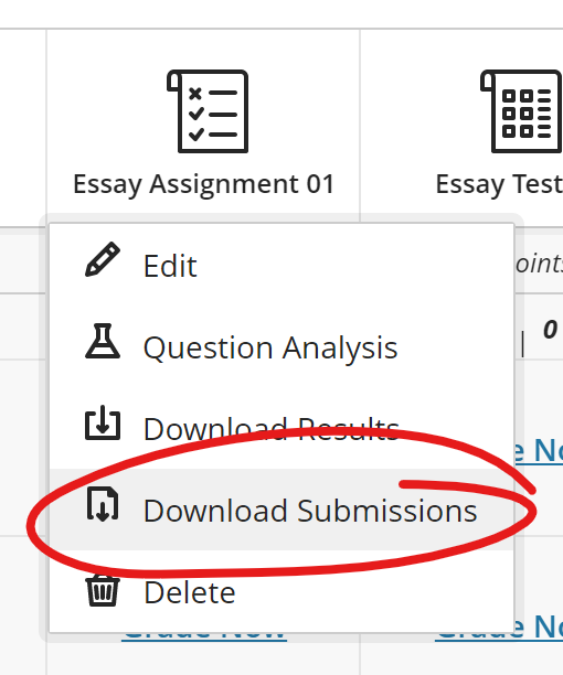 Column menu, download submissions highlighted