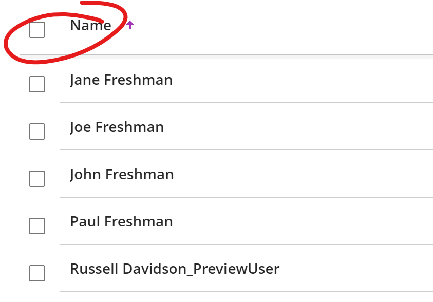 Select students table, name checkbox highlighted