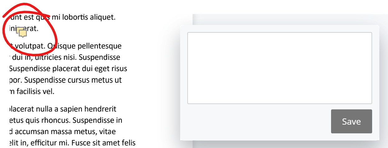 comment icon highlighted in text, comment text box to side