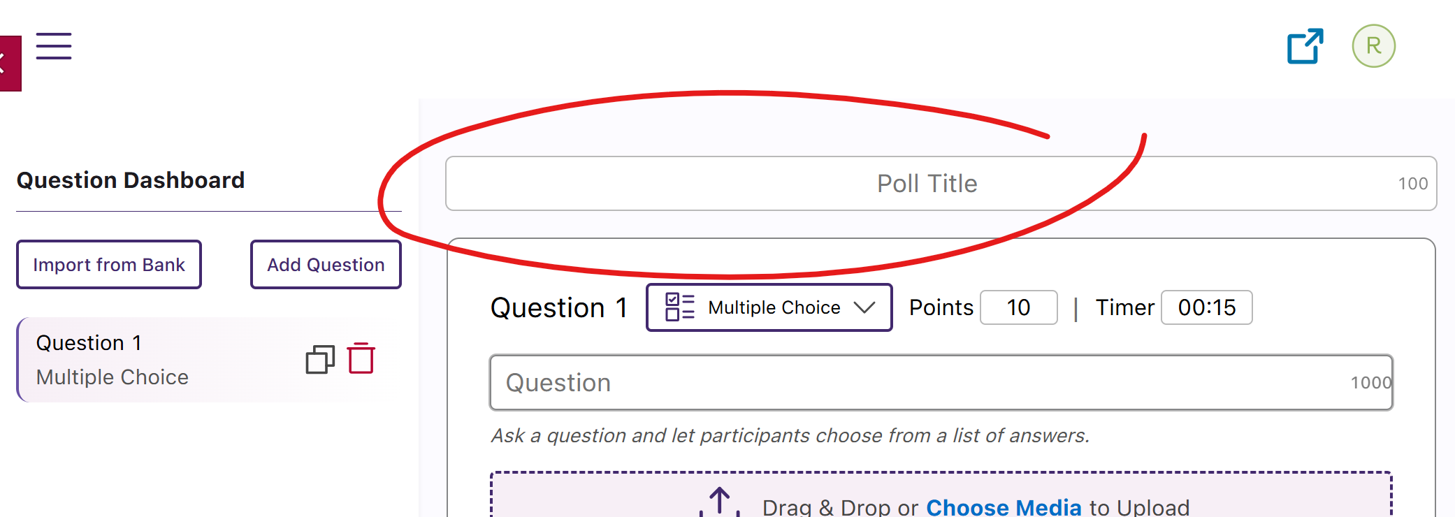 Top of create poll window, poll name field circled