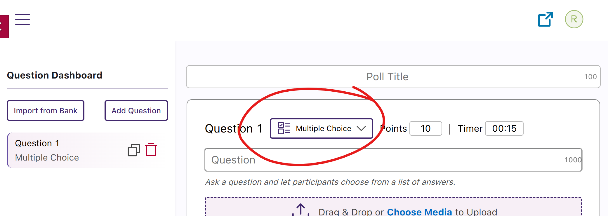 Top of create poll window, question type pulldown circled