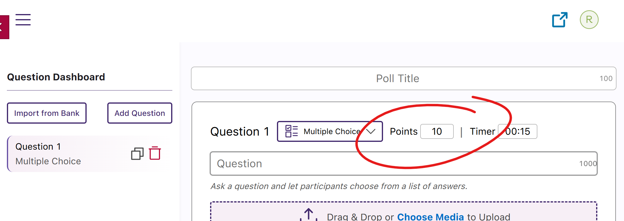 Top of create poll window, points field circled