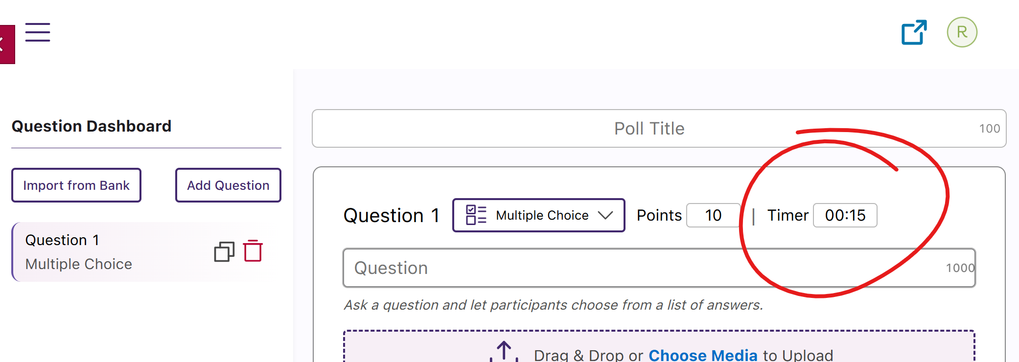 Top of create poll window, timer field circled