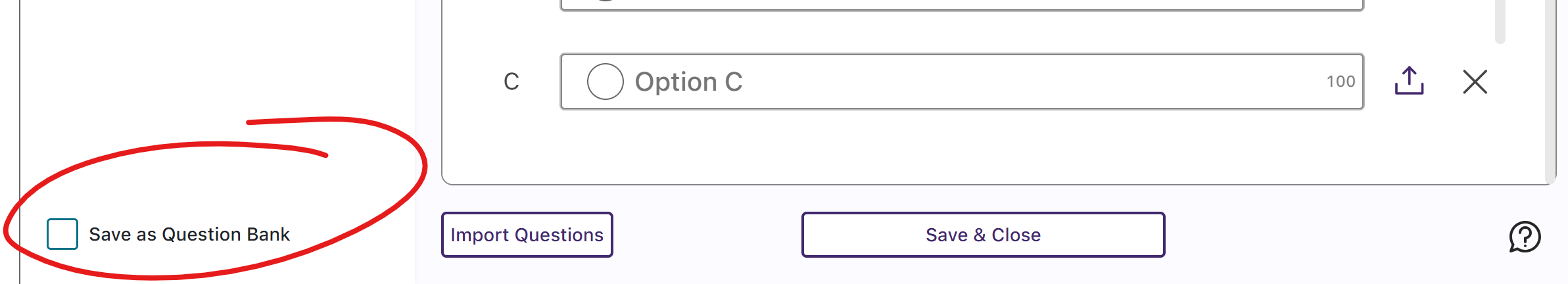 Bottom of create poll window, save as question bank checkbox circled