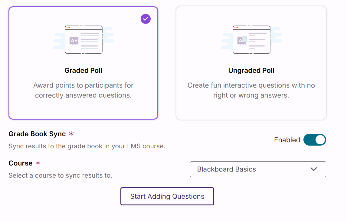 image of graded poll with sync and course options defaulted