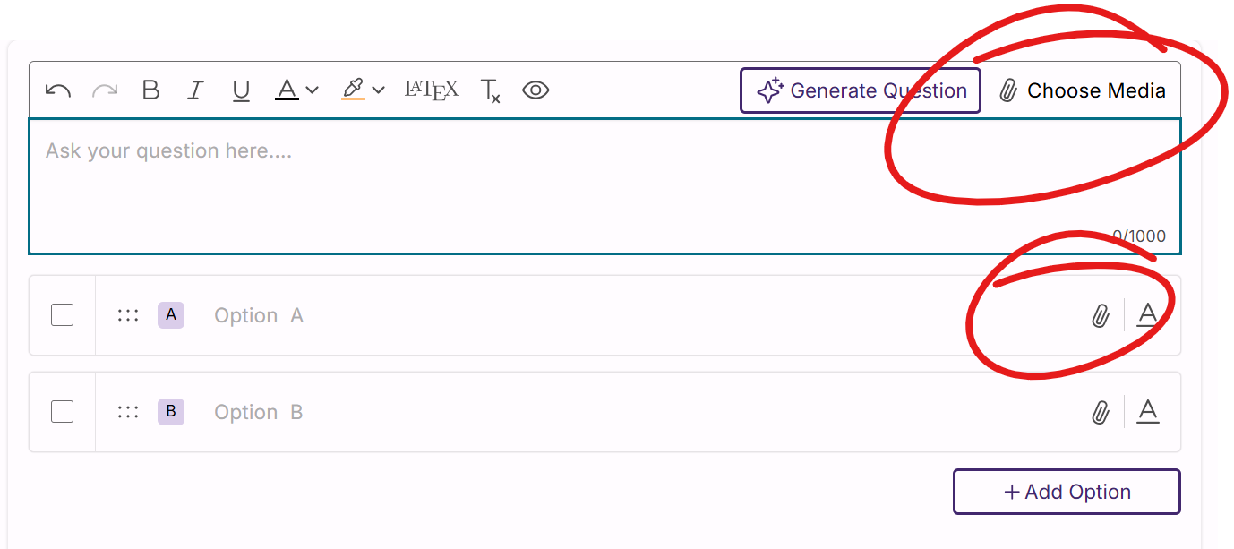 question entry excerpt, choose media and paperclip buttons circled