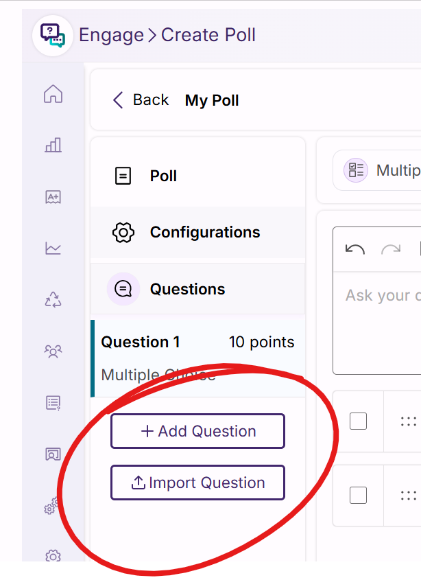 side of poll edit page, Add question and import question buttons circled