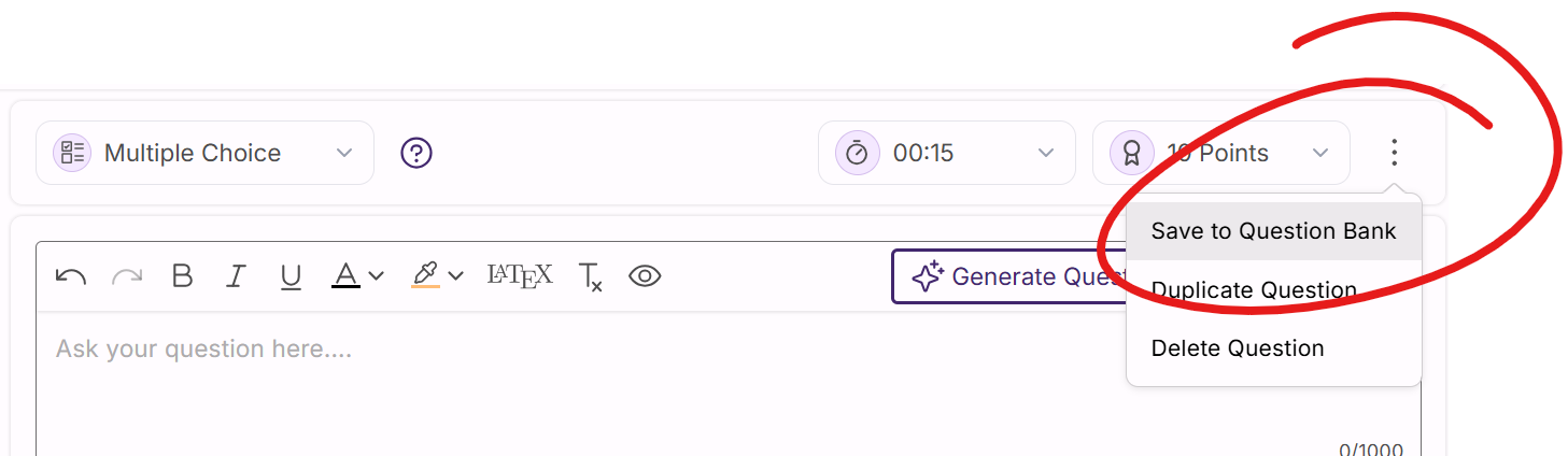 Save Question to Bank menu open and circled