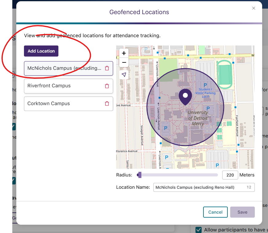 geofence locations area, ADD LOCATION button circled