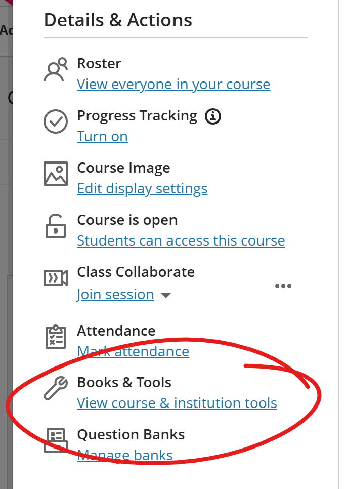 Image of Details and Actions list with view course and institution tools link circled