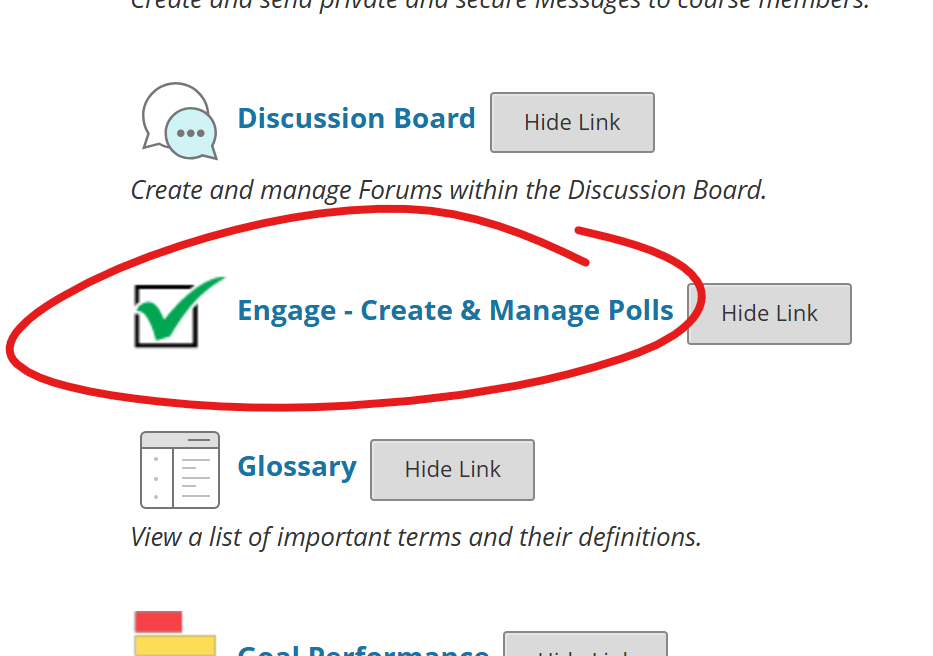 selection of the alphabetical Tools list with Engage circled in red.