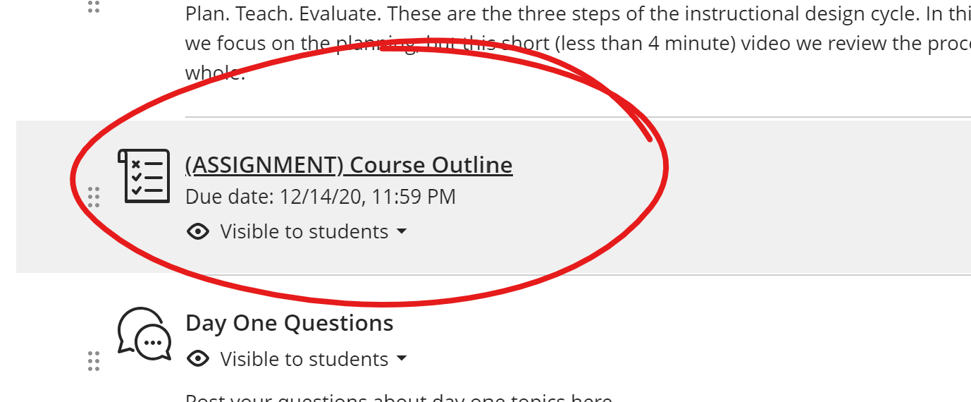 image of an assignment in course content list, with title circled.