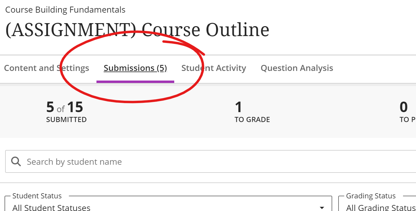 submissions page, with submissions tab at top circled