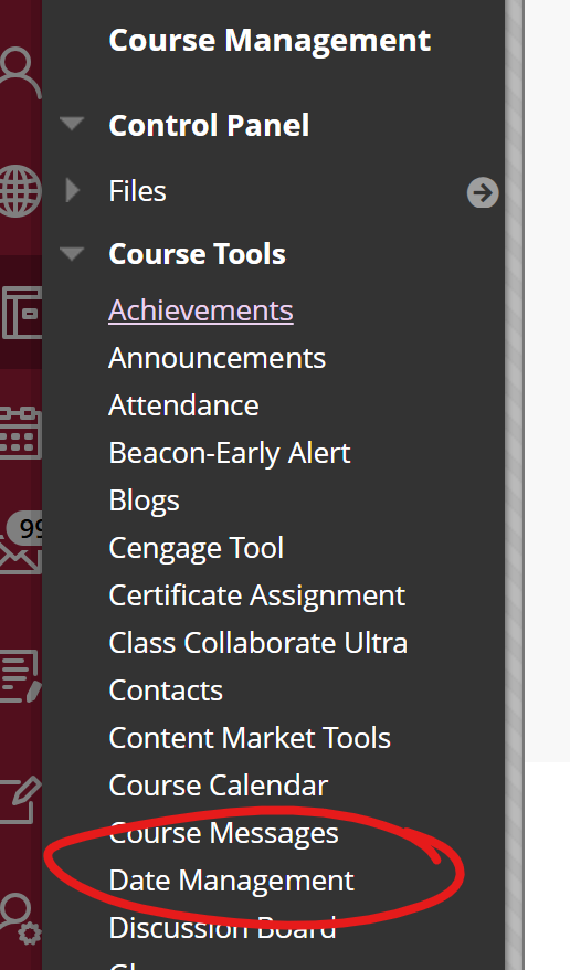 Course Tools menu, Date Management item circled