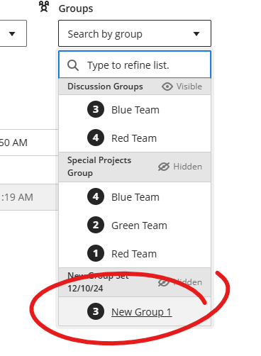 select groups pulldown list with New Group 1 circled in red. A black circle left of the group name indicates the group has 3 members