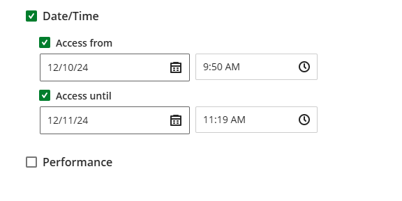 Date/Time box checked, access from and until boxes checked, dates and times entered