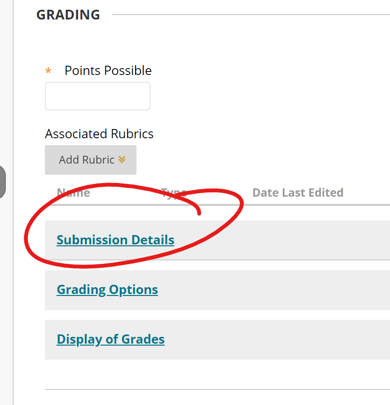Grading section of assignment page, submission details highlighted