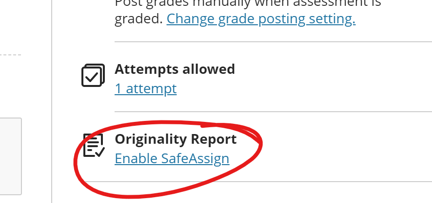 bottom of assignment settings, originality report enable safe assign highlighted