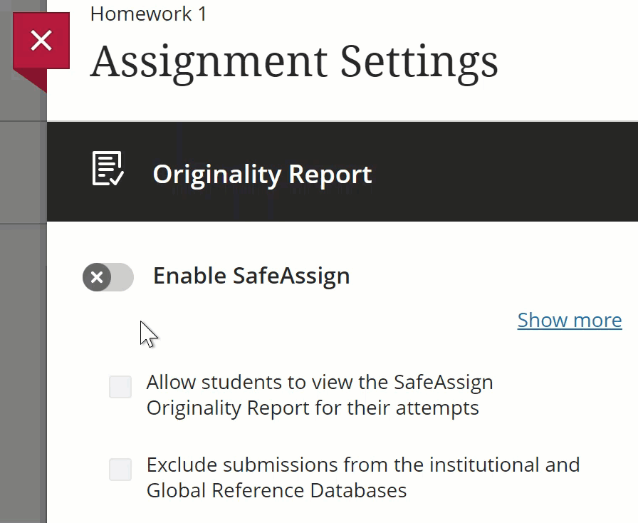 animation of originality report panel with Enable SafeAssign being toggled to on
