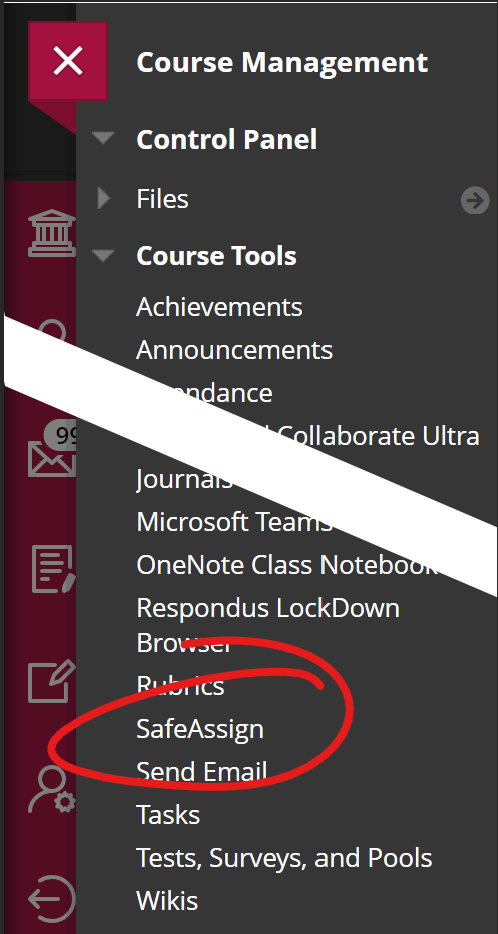 course tools list (shortened), SafeAssign highlighted