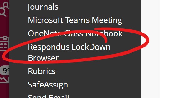 LockDown Browser menu selection