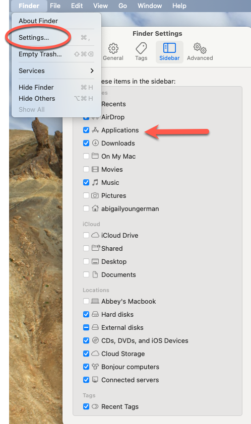 Settings menu and window to add applications to favorites