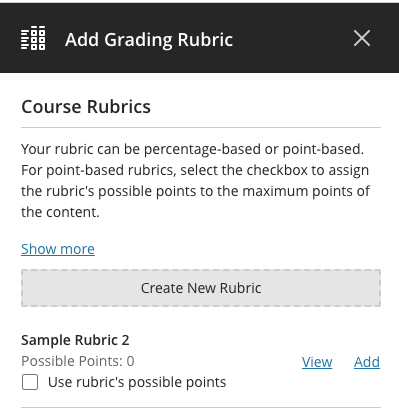 Add Grading Rubric window with buttons to create new, view, or add