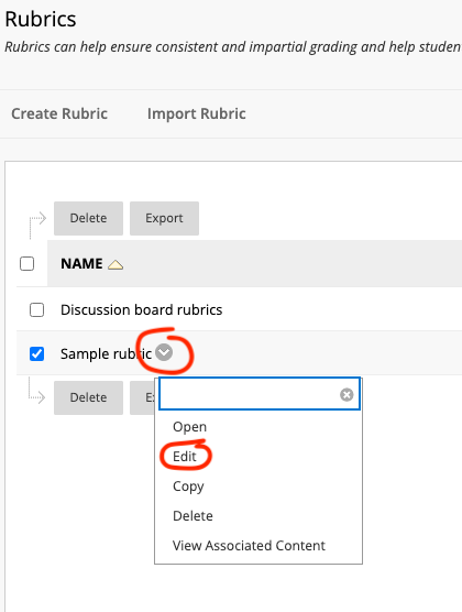 edit rubric drop down menu