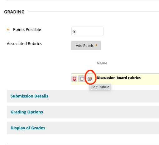 Edit rubric button from within an assignment