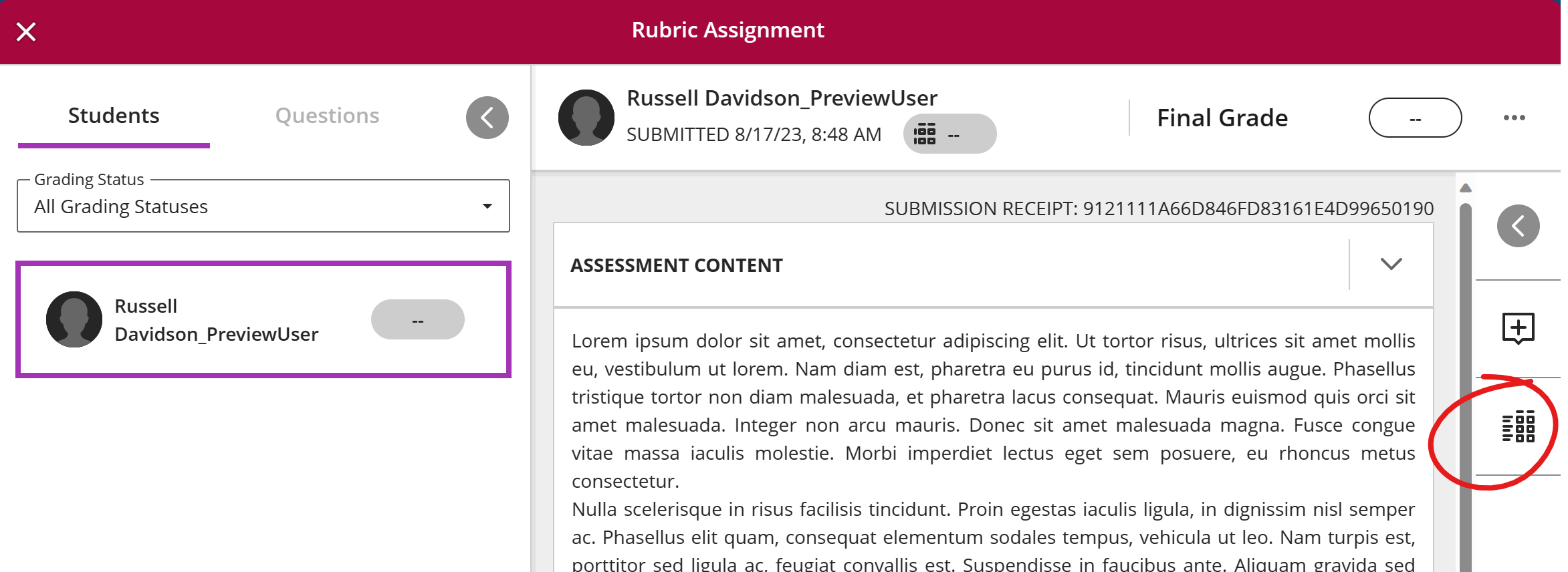 sample submission page with rubric button highlighted