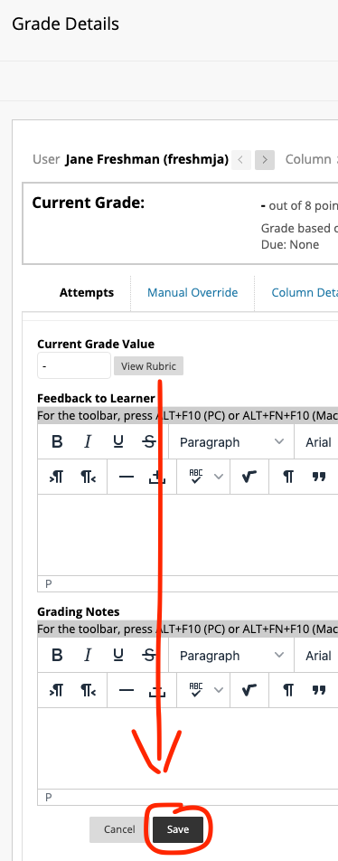 Save button on grade details page