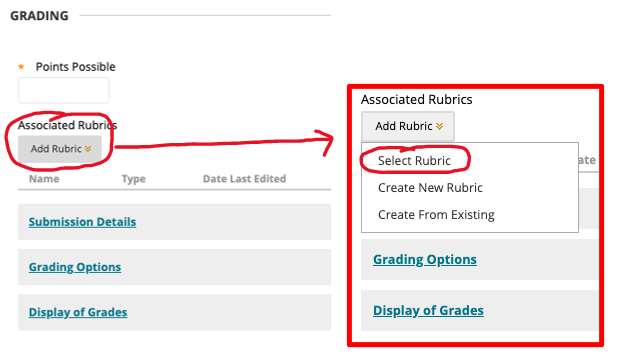 drop down menu for rubric selection or creation