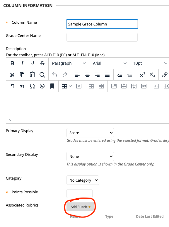 Column information options, including add rubric button