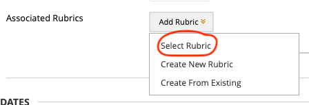 Drop down menu from add rubric button